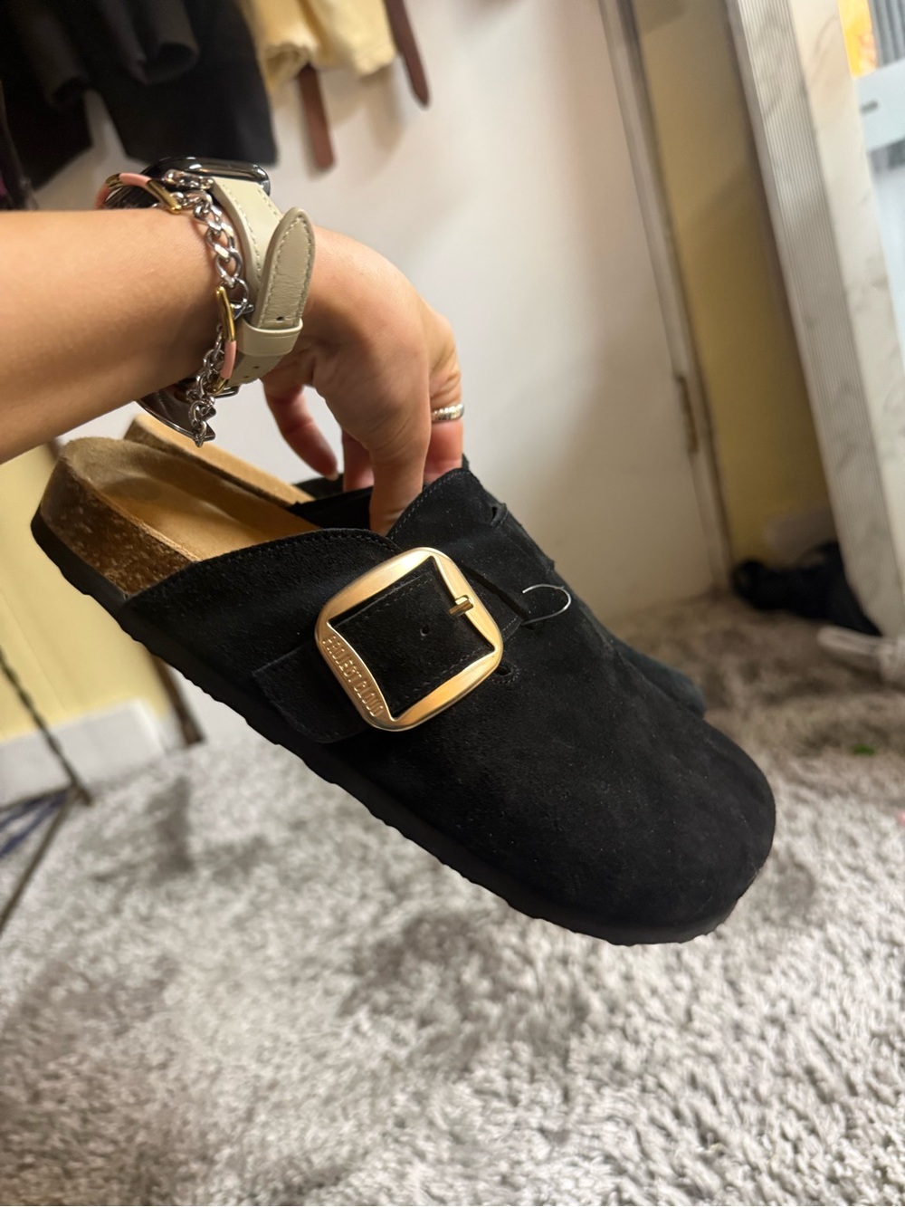 Women’s Black Suede Slip-On Clog with Gold Buckle